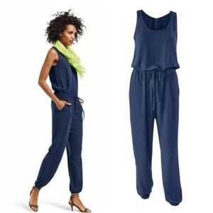 CAbi French Navy Blue Drawstring Tie Waist Sleeveless Jogger Jumpsuit Small